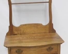 1263 - Oak washstand with mirror & towel bar 68" x 34" x 17.5"
