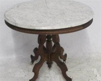 1265 - Victorian Walnut Oval Marble Top Table 28" x 28.5" x 21.5"