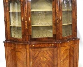 
1328 - Fancy intricately inlaid bombe front curio cabinet 2 part form Made in Italy 88 x 75 x 10 1/2