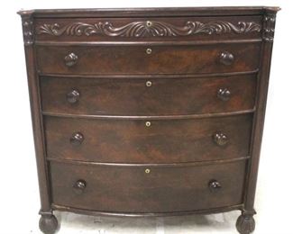 1333 - Mahogany bow front 5 drawer chest Carved band at top, cookie cutter corners 47 x 45 1/2 x 21