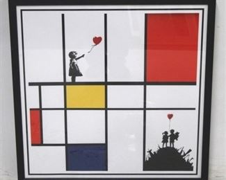 1348 - Banksy Piet Mondrian balloon girl framed print 25 1/2 x 25 1/2