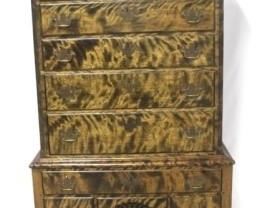 1358 - Early Pennsylvania bonnet top Queen Anne highboy Very unusual sponged paint finish triple flame finial square nails, hand chamfered back 82 1/2 x 35 1/2 x 20