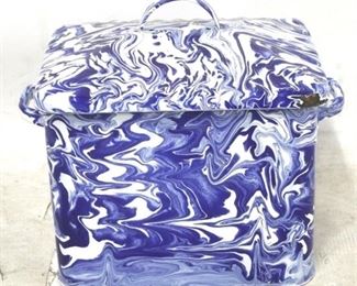 1381 - Blue & white swirl enamelware covered box 13 x 9 x 13
