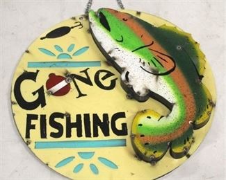 1384 - Metal 3 Dimensional Gone Fishing sign 22" round

