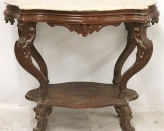 2667 - Turtle shape Victorian marble top parlor table 1 pc carving needs to be reglued crack in marble 30 x 32 1/2 x 21
