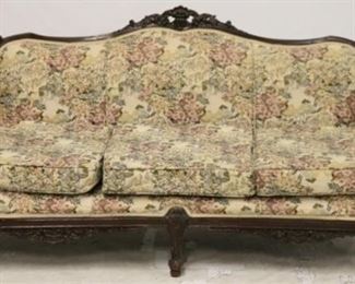2672 - Ornately carved barrel arm sofa in tapestry 36 x 76 x 22

