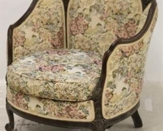 2673 - Ornately carved barrel arm chair in tapestry 35 x 31 1/2 x 19
