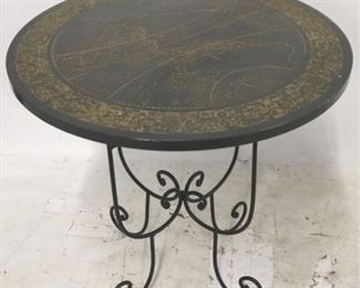 2716 - Engraved marble top table, folding base 20 x 22
