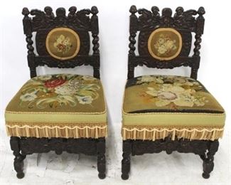 3337 - Exquisite pair English carved chairs Tapestry needlepoint upholstery 34 x 21 x 18
