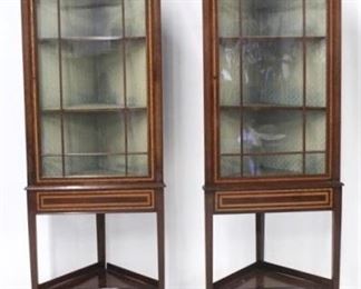 3340 - Matched pair inlaid English corner curios 77 x 25 1/2
