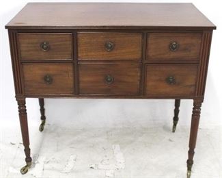 3360 - English 6 drawer chest on tall turned legs Brass casters 34 x 38 x 21 1/2
