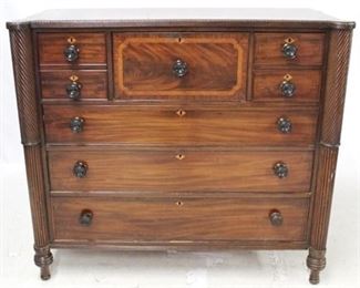 3373 - English Sheraton inlaid butler chest / desk Carved column adorned corners 47 x 51 x 23
