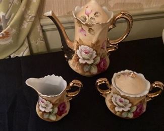 Vintage Lefton tea set Brown Heritage Roses , Teapot, sugar bowl and creamer 