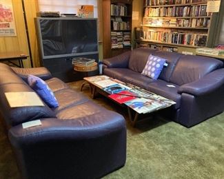 leather couches   large TV    books   coffee table 