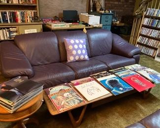 LEATHER COUCH , VINTAGE COFFEE TABLE , ROUND TABLE , RECORDS, DVD'S , LOTS OF BOOKS