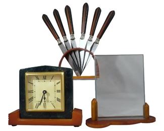 Lot of Art Deco Bakelite Articles including Knife Set, Desk or Travel Clock and Picture/Photo Frame