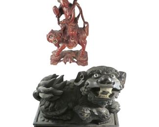 (2) Chinese Carved Wood Figures - Immortal & Foo Dogs
