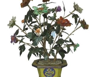 Spectacular Chinese Semi-Precious Hardstone Tree in Cloisonne Planter with Imperial Dragon