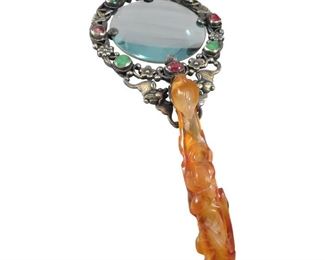 Chinese Jeweled & Carved Carnelian Belt Hook Magnifying Glass