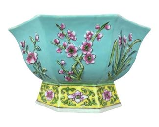 Chinese Turquoise Ground Famille Rose Octagonal Bulb or Narcissus Bowl