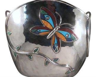 Huge 14x9 Emilia Castillo Inlaid Silver Butterfly Bowl