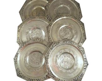 6 Octagonal Colonial Indian Chased Silver Plates
