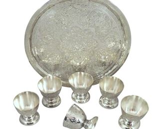 (6) Ottoman Engraved Silver Cordial Glasses and Tray