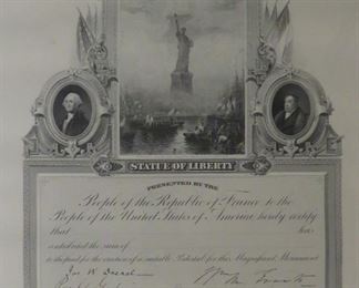 1883 American Statue of Liberty Committee Certificate