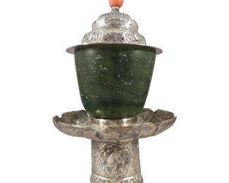 Tibetan Silver Jade & Coral Dhakya Tea Cup Stand & Lid