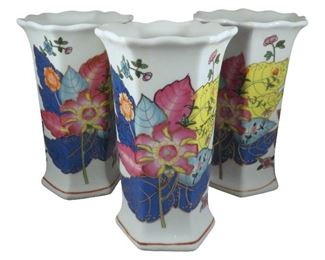 (3) Chinese Export Parcel Gilt Tobacco Leaf Vases