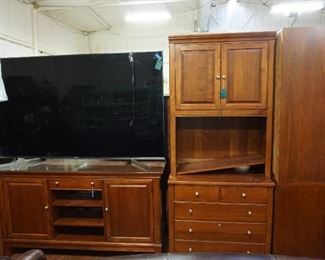Large flat screen TV. cabinet, cabinet with hutch