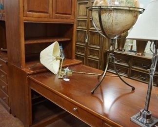 desk, globe on stand, hutch cabinet
