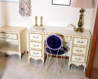 French Provencal Bedroom Set (Twin Bed, 2 Chests, 2 End Tables, Corner Desk, Vanity)