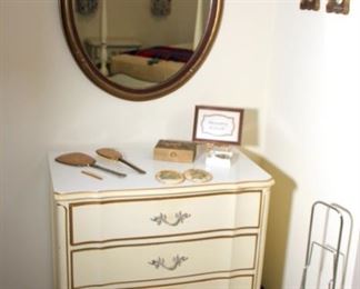 French Provencal Bedroom Set (Twin Bed, 2 Chests, 2 End Tables, Corner Desk, Vanity)