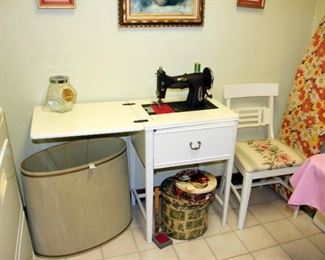 Vintage White Sewing Machine & Cabinet