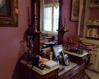 walnut, marble topped dresser w/mirror