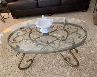 Steve Silver, Lola Coffee Table Set- Includes coffee table and 2 end tables. Metal tables with whimsical motif lying beneath the glass top
