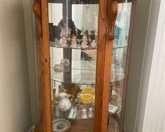 Vintage Medium Oak, Lion Detail with Claw Feet, Curved Glass Curio Cabinet   