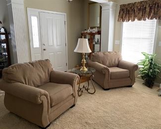 Pair of cappuccino roll arm living room chairs