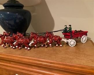 Vintage Cast Iron Beer Wagon with 8 Clydesdale Horses Dog and Wood Barrels