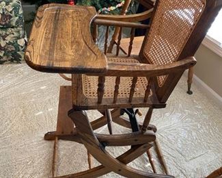 Vintage Adjustable Height Rocking / Highchair with cane back and seat
