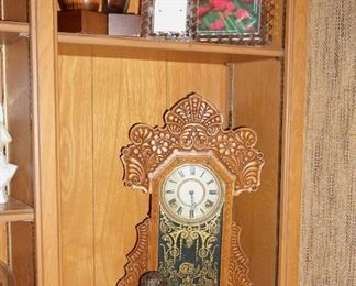 Wooden Clock, turned wood, crystal photo frames, bronze statue