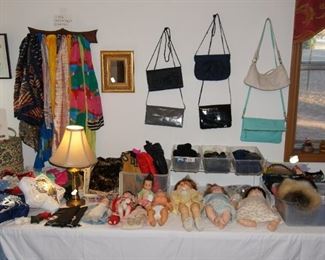 Purses, vintage dolls, scarves, hats, gloves, wigs