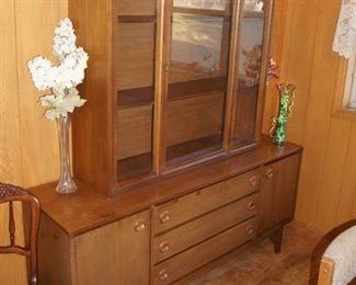Vintage MCM two-piece wood china hutch / china cabinet. Stanley.