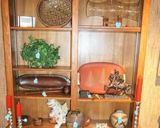 woven basket, pewter candlesticks, vintage MCM Christmas tray, primitive wooden trough, vintage wooden Irish shillelagh (club), porcelain Chinese Fu Dog (shishi), ceramic vases, silk plants.