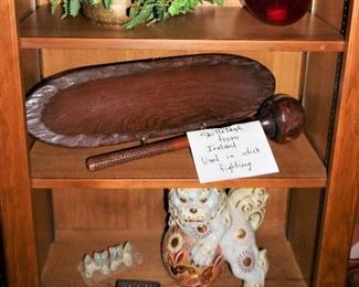 Wooden shillelagh, wooden trough, shishi dogs, Chinese dragon, tiny abacus, glass candle bowl, silk plants
