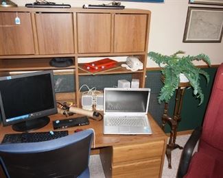computer desk, office chairs, laptop computer, monitor, keyboard, mouse, PC speakers, telephone, laptop cooling fans