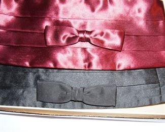 Vintage mens satin bow tie and cumberbund sets, black; maroon.