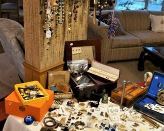 Vintage and modern costume jewelry, Bakelite bracelet, pins, enamel pins, earrings, rings, Army ring, political buttons, Tory Burch jewelry box, necklaces, beads, stop watch, sterling silver bud vase, Reed & Barton, mens watches