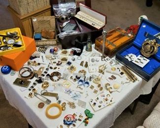 Vintage and modern costume jewelry, Bakelite bracelet, pins, enamel pins, earrings, rings, Army ring, political buttons, Tory Burch jewelry box, beads, stop watch, sterling silver bud vase, Reed & Barton, mens watches